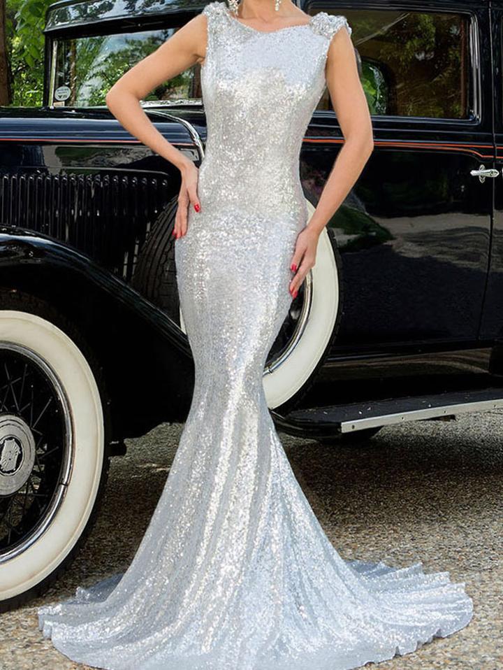 Romwe Silver Glitter Backless Fishtail Dress