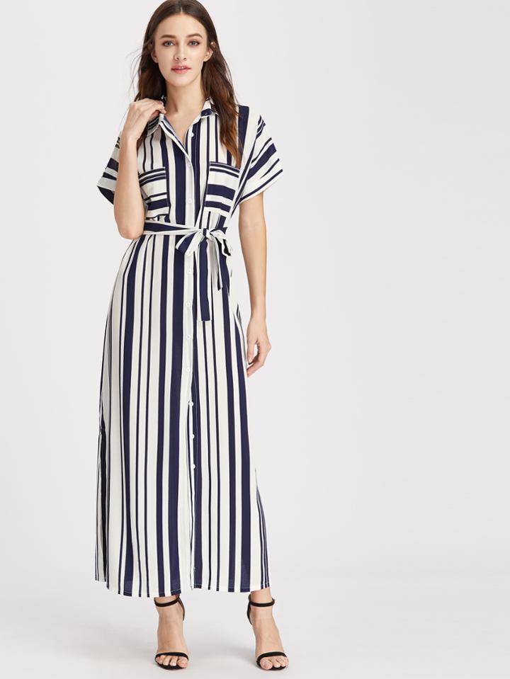 Romwe Striped Self Tie Shirt Dress