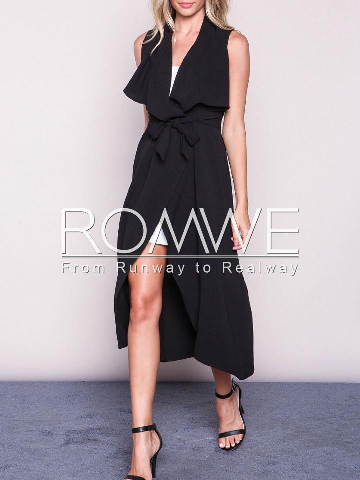 Romwe Black Sleeveless Asymmetric Trench Coat