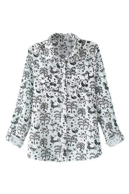 Romwe Bird & Tree Print White Shirt