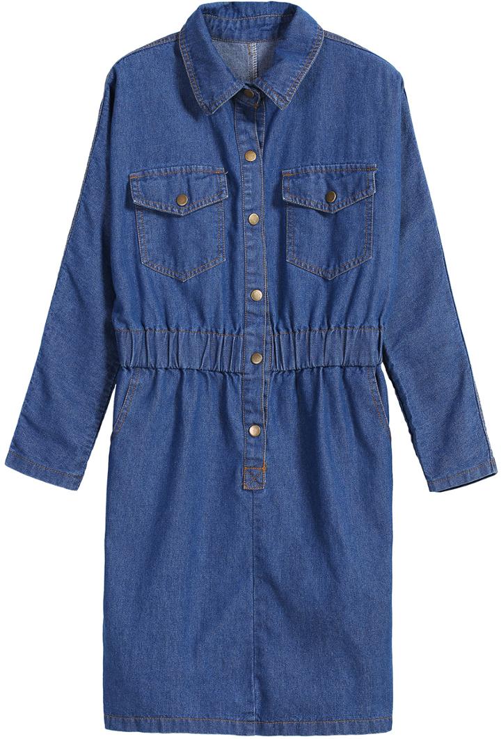 Romwe Lapel Pockets Denim Dress