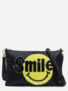 Romwe Black Sequin Smiley Face Patch Wristlet With Strap
