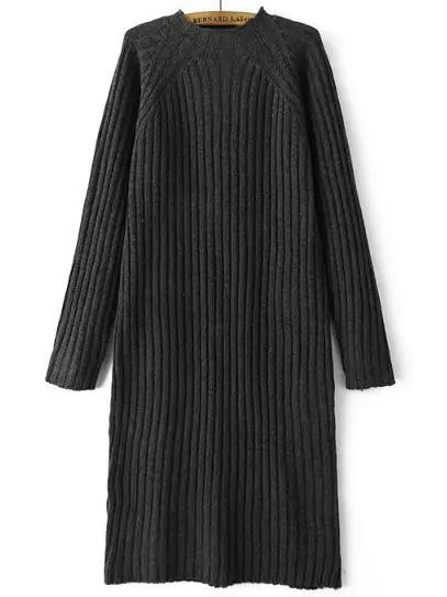 Romwe Mock Neck Raglan Sleeve Ribbed Grey Sweater Dress