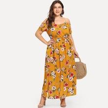 Romwe Plus Open Shoulder Floral Print Split Dress