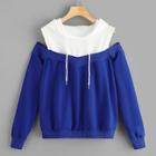 Romwe Cold Shoulder Two Tone Hoodie