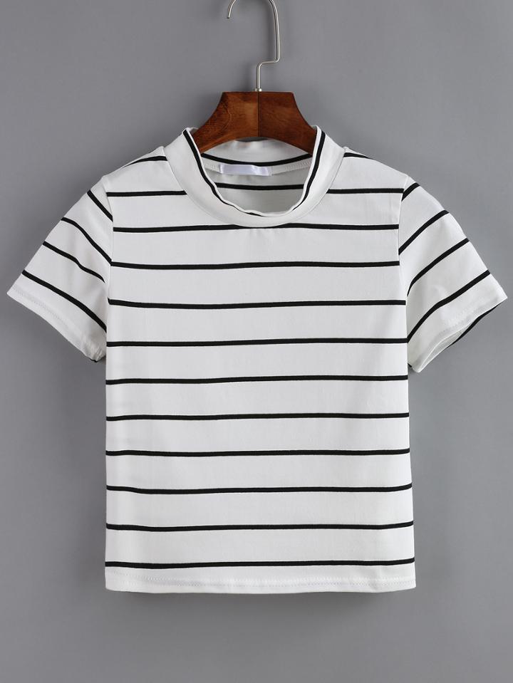 Romwe Crew Neck Striped White T-shirt