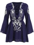 Romwe Bell Sleeve Lace Up Embroidered Dress