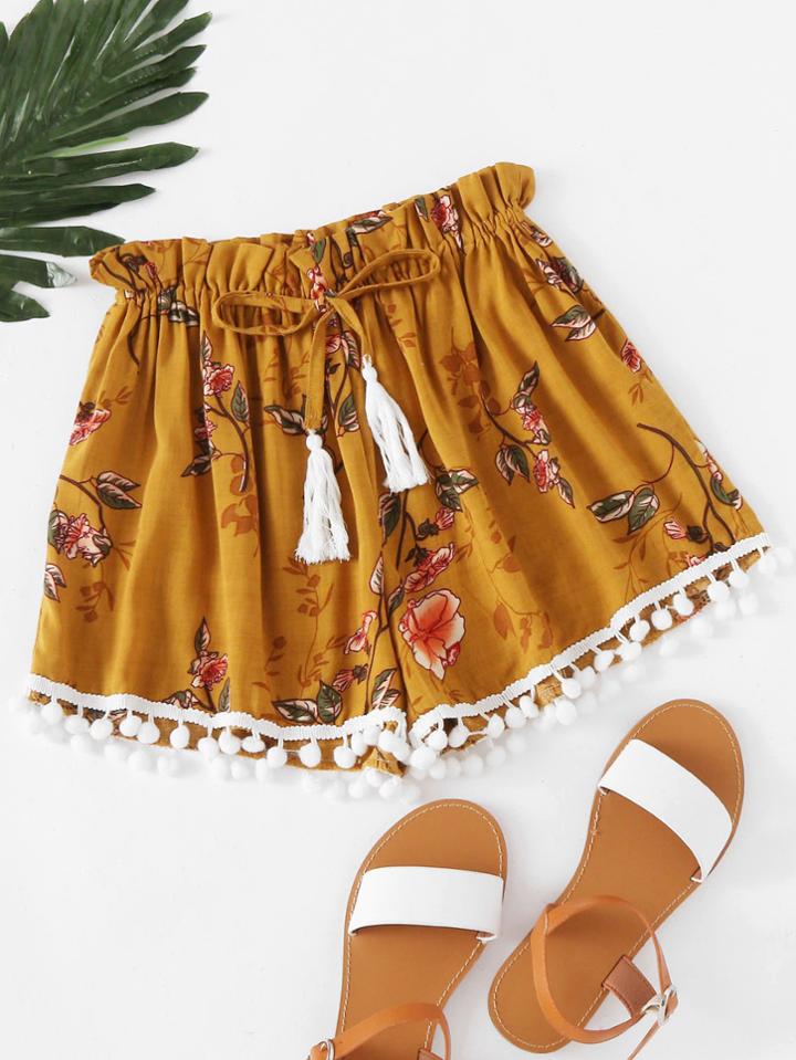 Romwe Floral Print Drawstring Pompom Hem Shorts