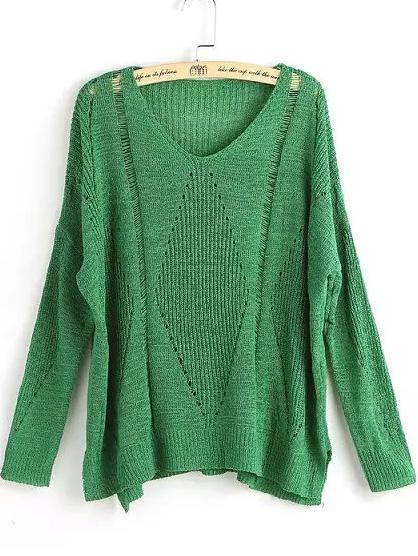 Romwe V Neck Side Split Hollow Green Sweater