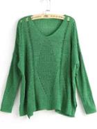 Romwe V Neck Side Split Hollow Green Sweater