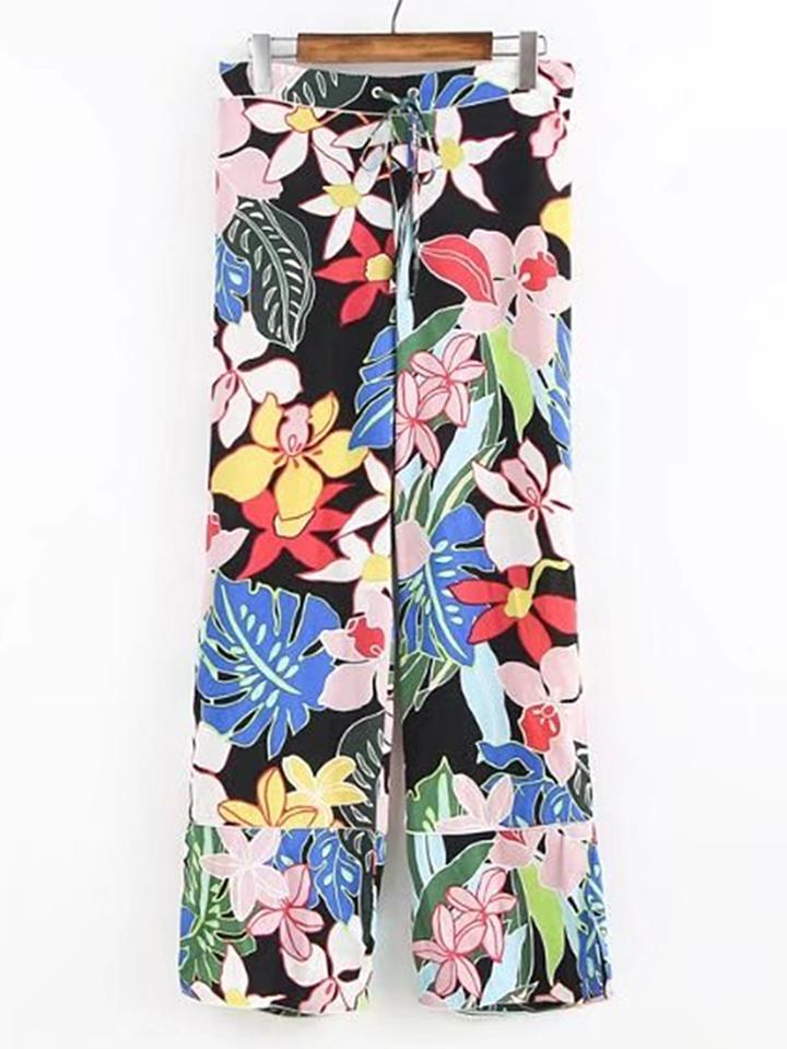Romwe Drawstring Waist Floral Wide Leg Pants