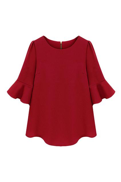Romwe Romwe Flouncing Cuffs Zippered Loose Red Chiffon Blouse