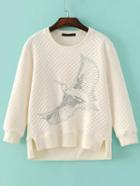 Romwe Beige Eagle Embroidery Dip Hem Quilted Sweatshirt