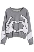 Romwe Heart Gesture Print Grey Sweatshirt