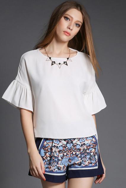 Romwe Ruffle Sleeve Chiffon Top With Vintage Print Shorts