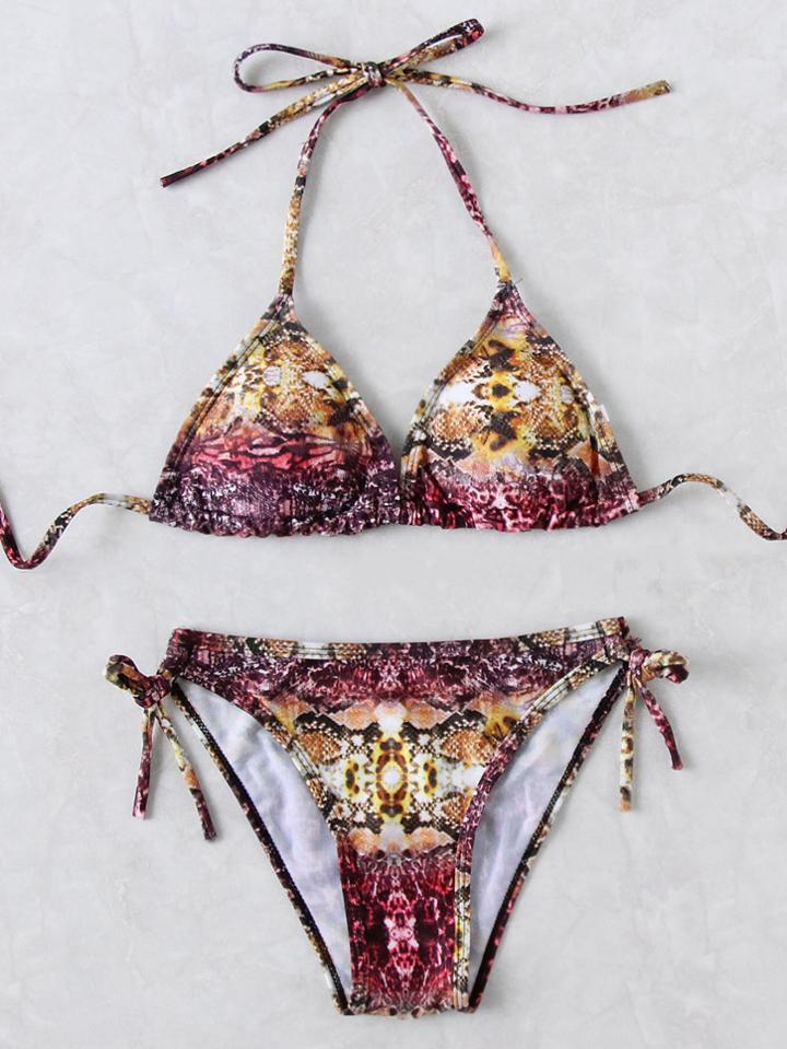Romwe Multicolor Snake Print Tie Side Halter Bikini Set