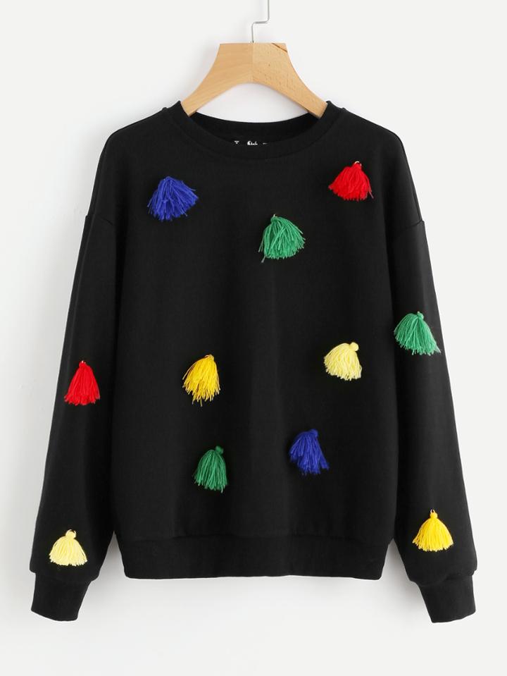 Romwe Colorful Tassel Trim Drop Shoulder Sweatshirt
