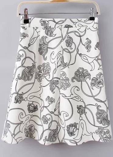 Romwe With Zipper Flower Print A-line Skirt