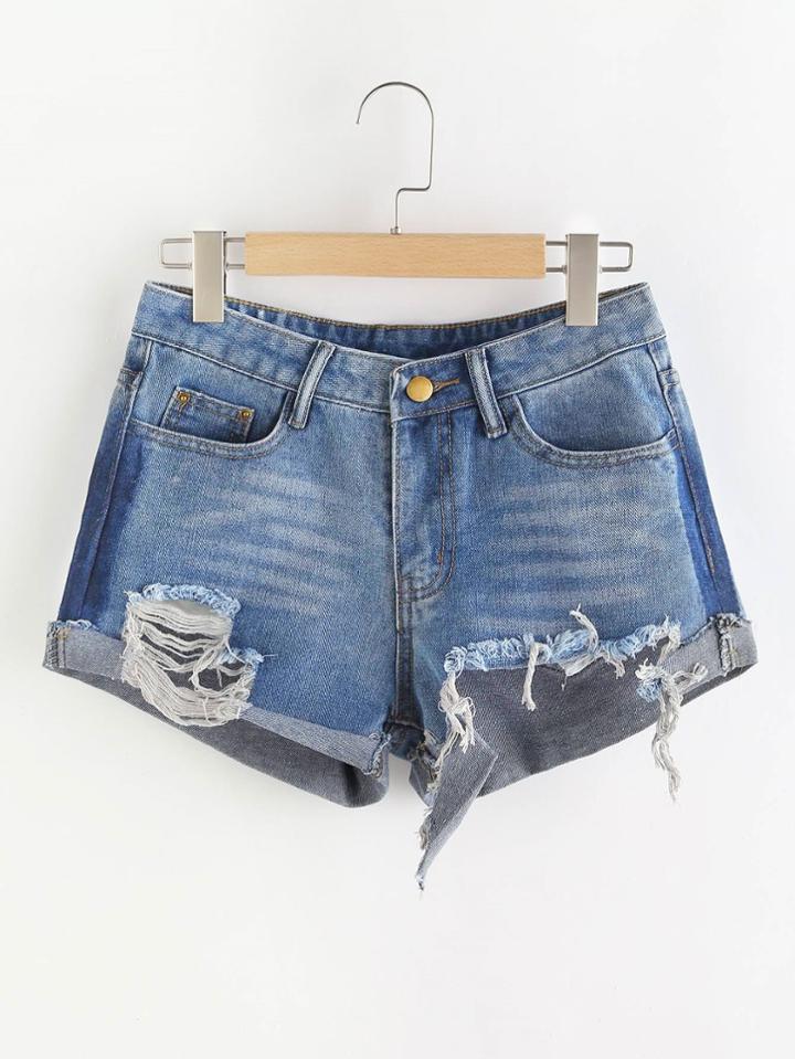 Romwe Distress Cuffed Denim Shorts