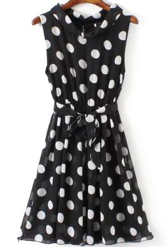 Romwe Stand Collar Polka Dot With Belt Black Dress