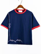 Romwe Contrast Trim Embroidered T-shirt - Blue