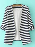 Romwe Navy White Striped Long Sleeve Fitted Blazer