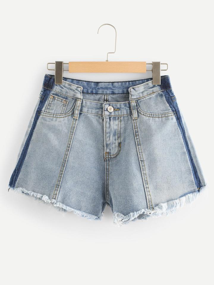 Romwe Raw Hem Bleach Wash Denim Shorts