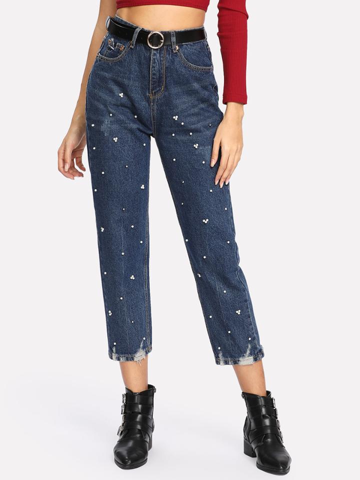 Romwe Faux Pearl Detail Jeans