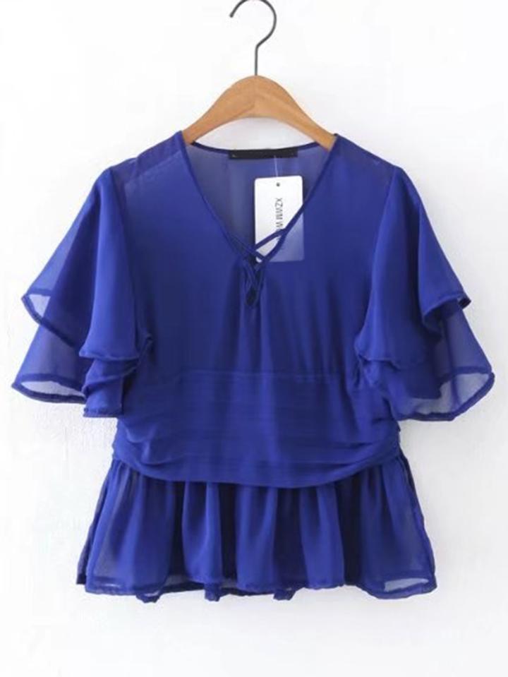 Romwe Layered Ruffle Sleeve Criss Cross Front Chiffon Top