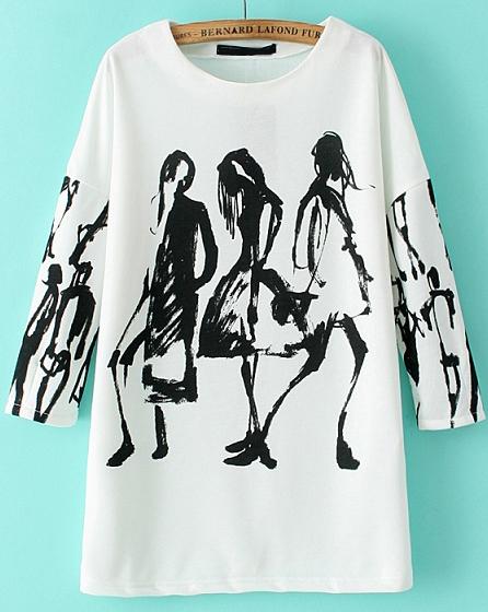 Romwe White Long Sleeve Graffiti Print Loose Blouse
