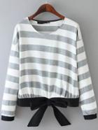 Romwe Grey Long Sleeve Striped Bow Zipper Sweatshirt