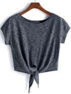 Romwe Cap Sleeve Knotted Front Crop T-shirt