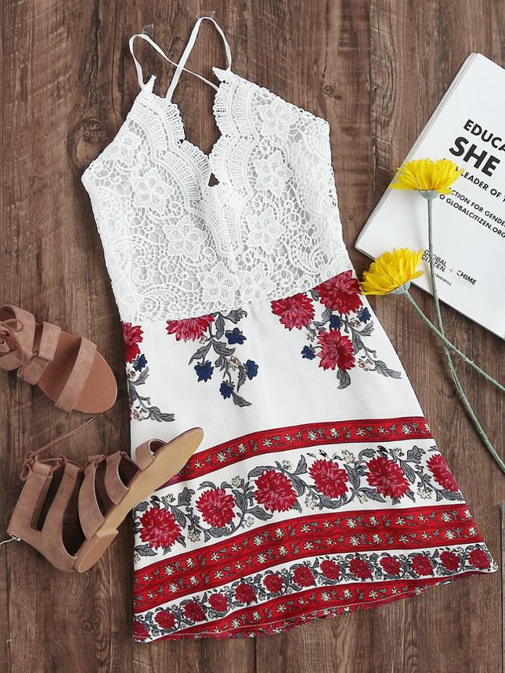 Romwe Floral Lace Panel Criss Cross Backless Cami Dress