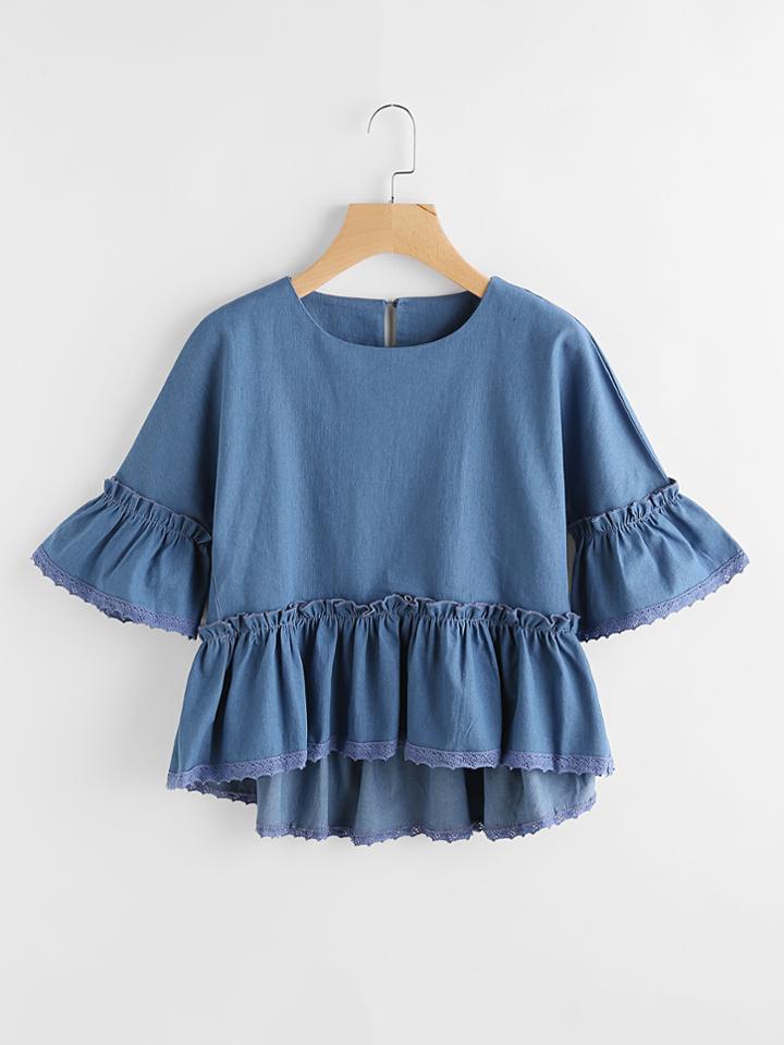 Romwe Fluted Sleeve Lace Hem Frill Chambray Blouse