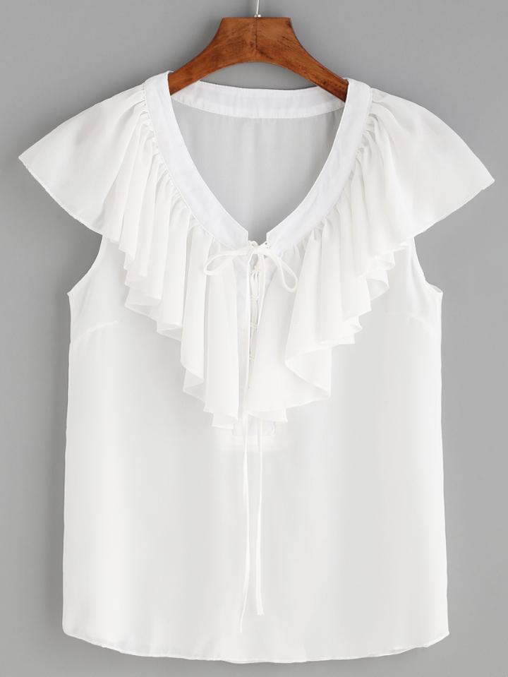 Romwe White V Neck Lace Up Ruffle Blouse