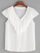 Romwe White V Neck Lace Up Ruffle Blouse