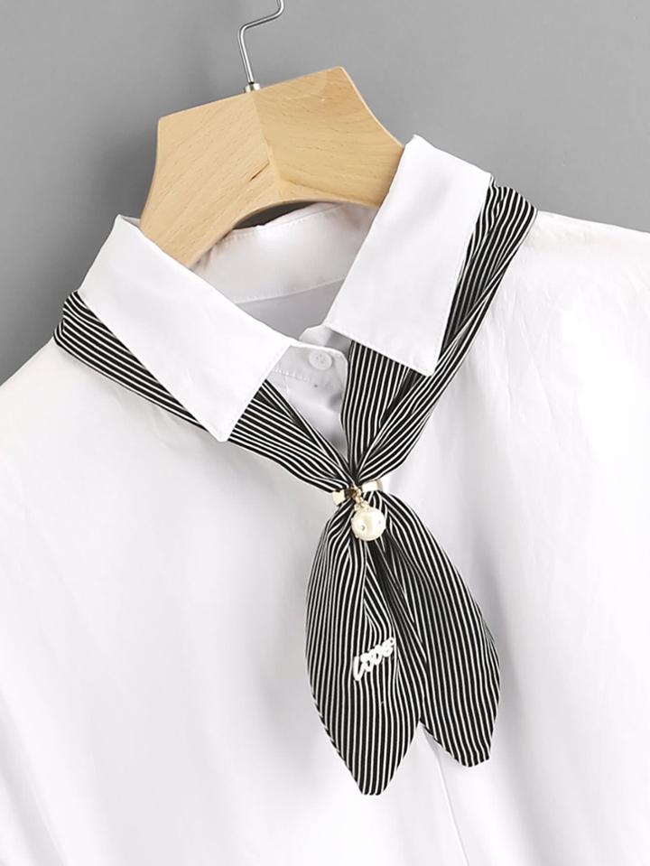 Romwe Faux Pearl Embellished Pinstriped Twilly Scarf