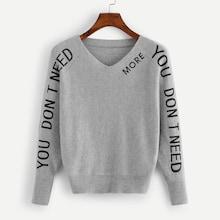Romwe Letter Print V Neck Jumper