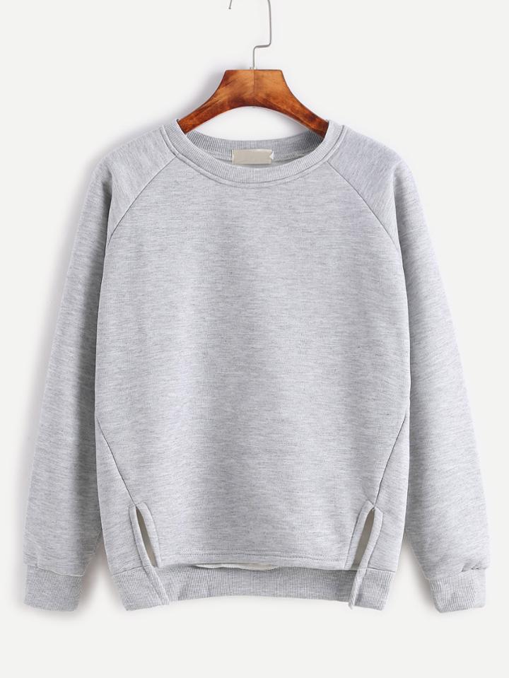 Romwe Pale Grey Raglan Sleeve High Low Slit Hem Sweatshirt