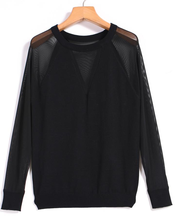 Romwe Sheer Mesh Knit Black Sweater