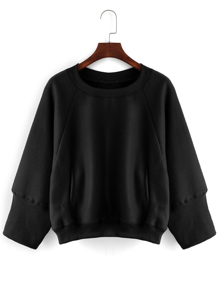 Romwe Round Neck Pockets Loose Black Sweatshirt