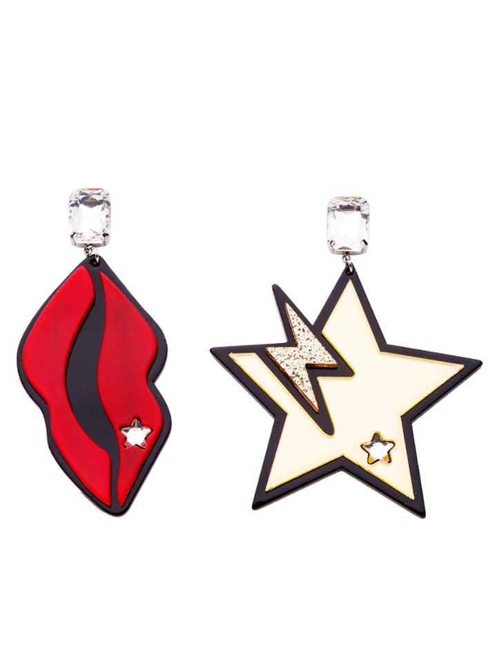 Romwe Red Lips Gold Star Personalized Asymmetrical Earrings