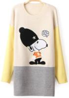 Romwe Snoopy Print Embroidered Beige Sweater
