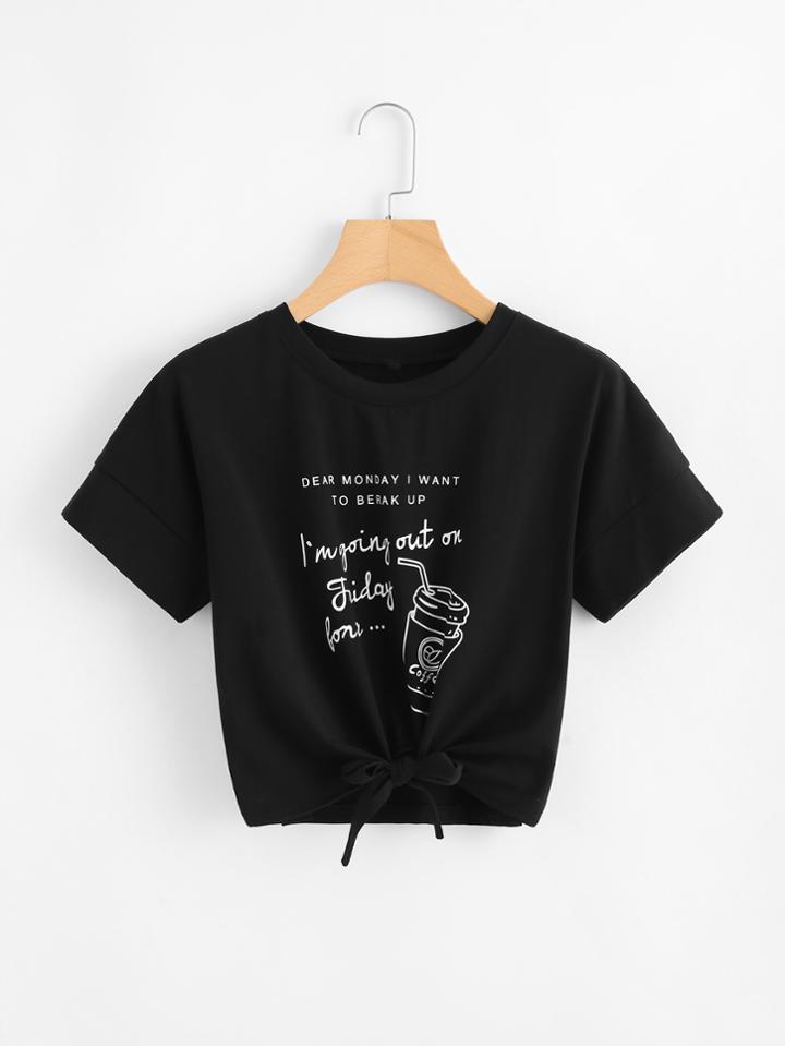 Romwe Slogan Print Knot Crop Tee