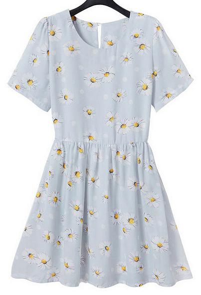 Romwe Daisy Print Pleated Chiffon Dress