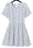 Romwe Daisy Print Pleated Chiffon Dress