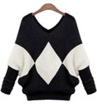 Romwe Diamond Patterned Batwing Knit Black Sweater
