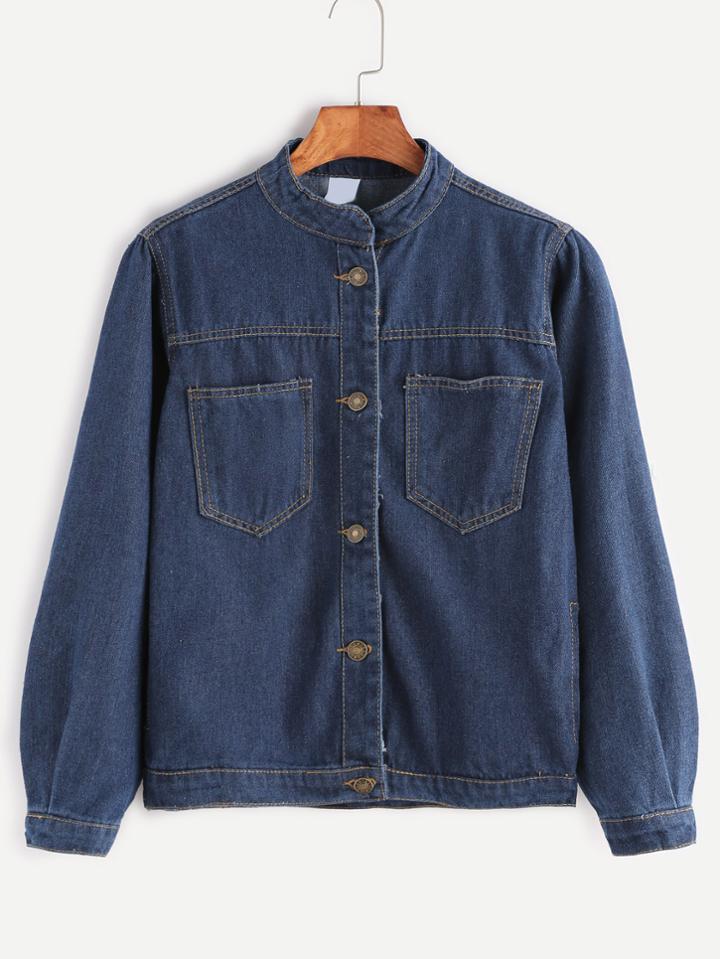 Romwe Dark Blue Pockets Front Denim Jacket