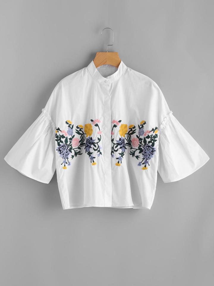 Romwe Band Collar Drop Shoulder Seam Embroidery Blouse