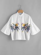 Romwe Band Collar Drop Shoulder Seam Embroidery Blouse